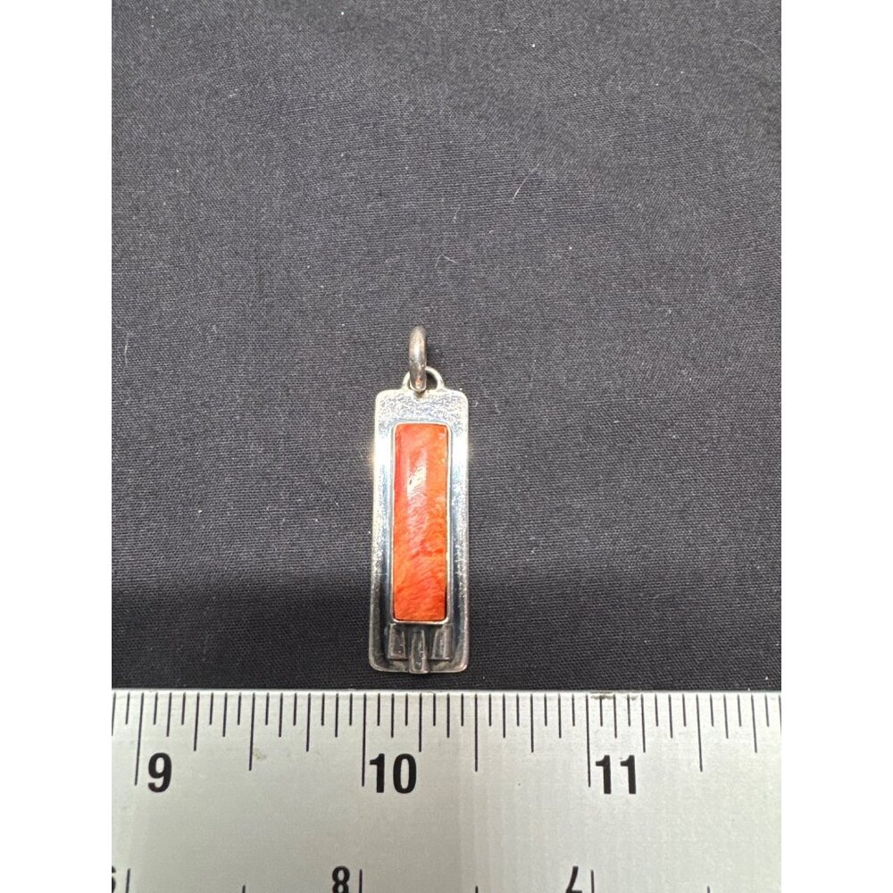 Sterling Silver & Red Coral Rectangle Pendant Modern Design Stamped 925 1.5" Lon